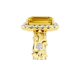 Yellow gold Emerald Cut Halo Diamond Solitaire with Filigree Band and Four-Prong Setting_5