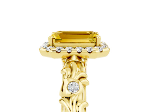 Yellow gold Emerald Cut Halo Diamond Solitaire with Filigree Band and Four-Prong Setting_5