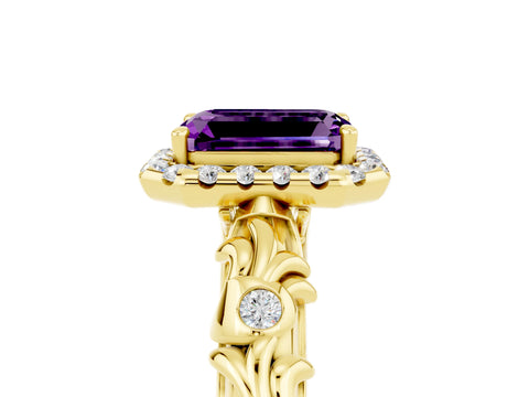 Yellow gold Emerald Cut Halo Diamond Solitaire with Filigree Band and Four-Prong Setting_5