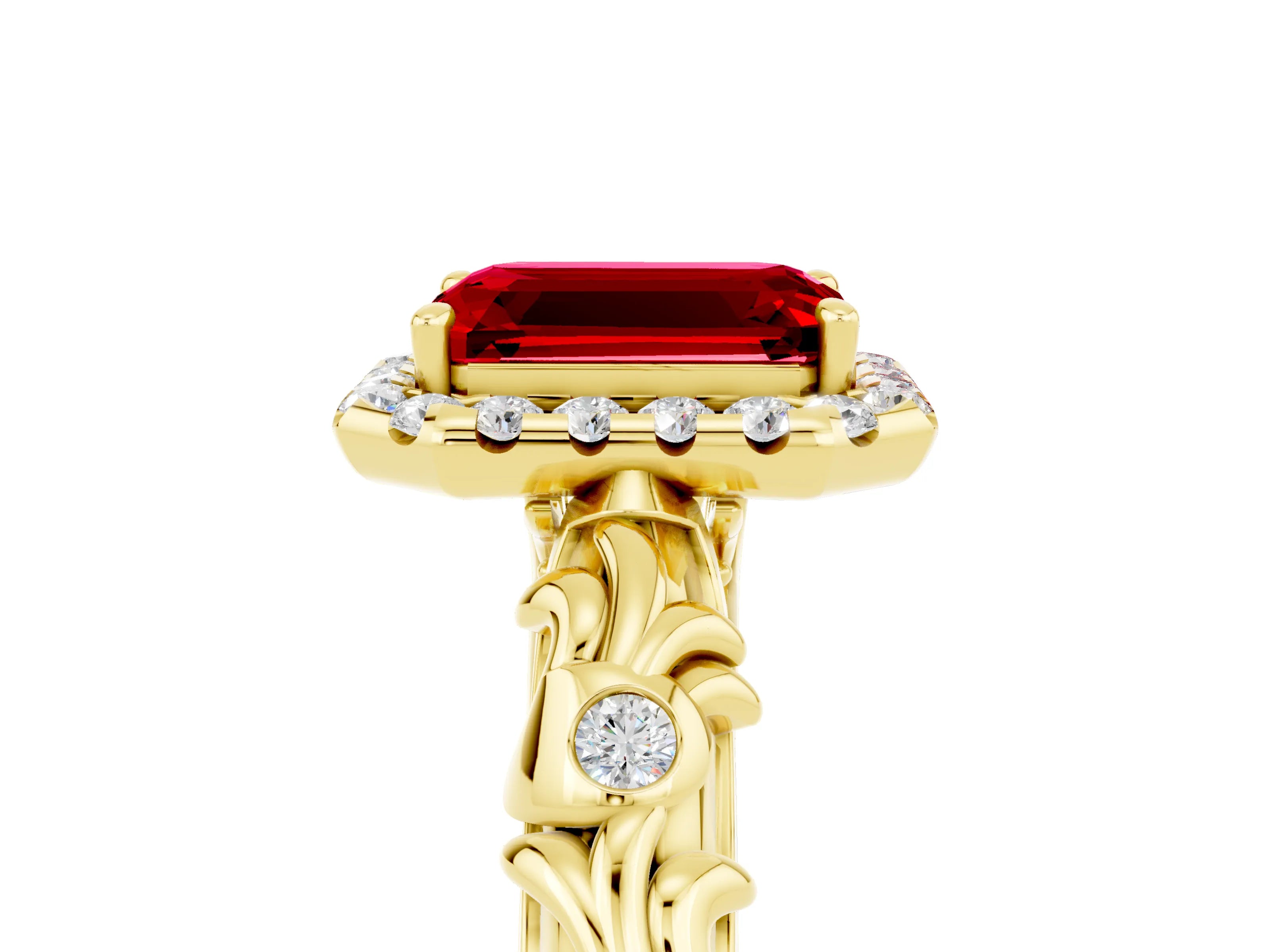 Yellow gold Emerald Cut Halo Diamond Solitaire with Filigree Band and Four-Prong Setting_5