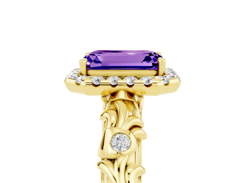 Yellow gold Emerald Cut Halo Diamond Solitaire with Filigree Band and Four-Prong Setting_5