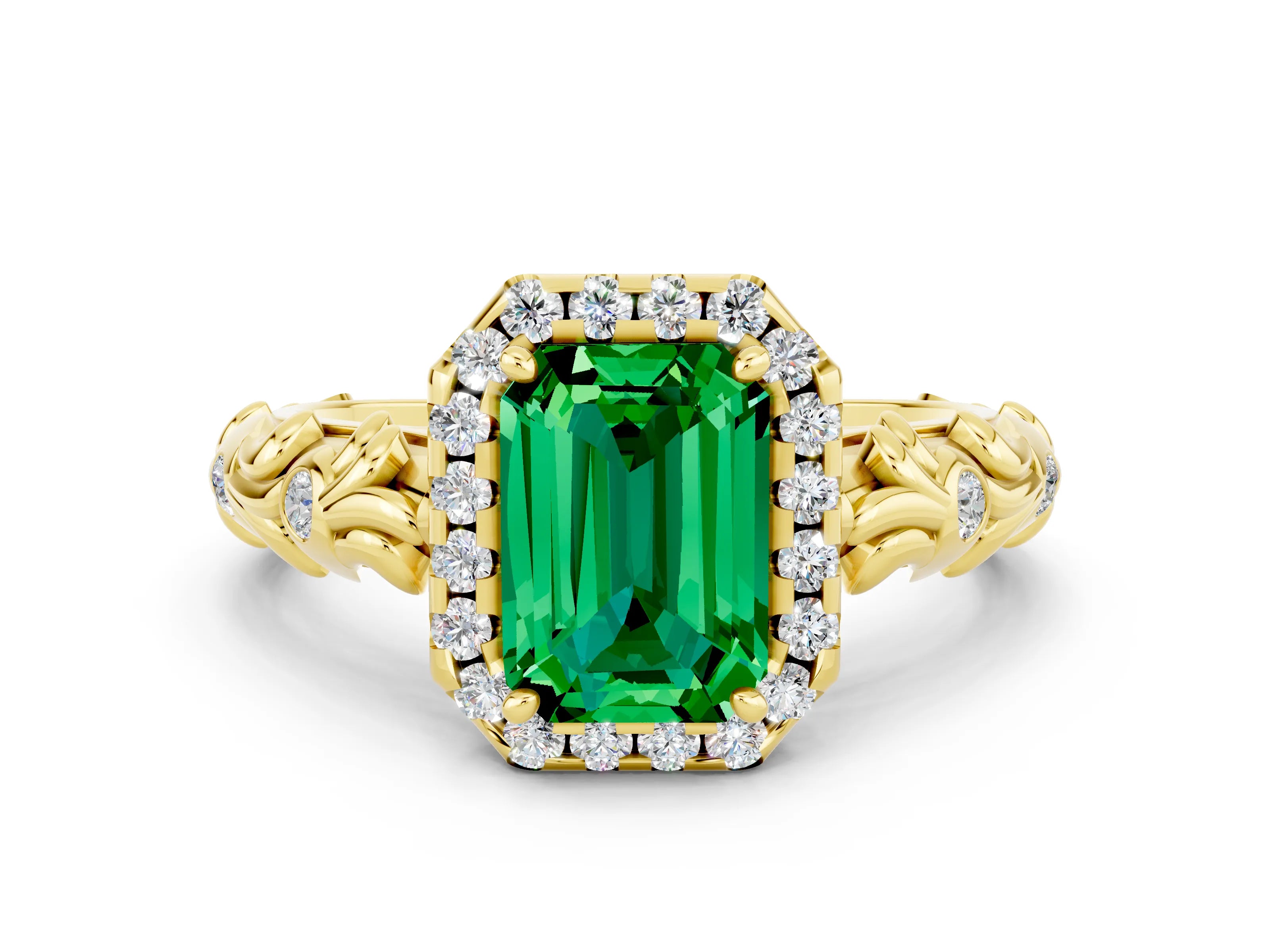 Yellow gold Emerald Cut Halo Diamond Solitaire with Filigree Band and Four-Prong Setting