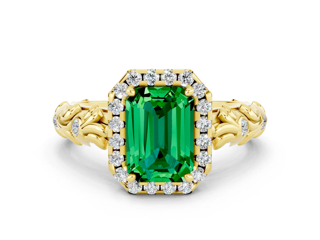 Yellow gold Emerald Cut Halo Diamond Solitaire with Filigree Band and Four-Prong Setting