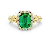 Yellow gold Emerald Cut Halo Diamond Solitaire with Filigree Band and Four-Prong Setting