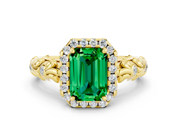 Yellow gold Emerald Cut Emerald Halo Ring with Filigree Band and Prong Setting
