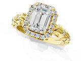 Yellow gold Emerald Cut Halo Diamond Solitaire with Filigree Band and Four-Prong Setting_8