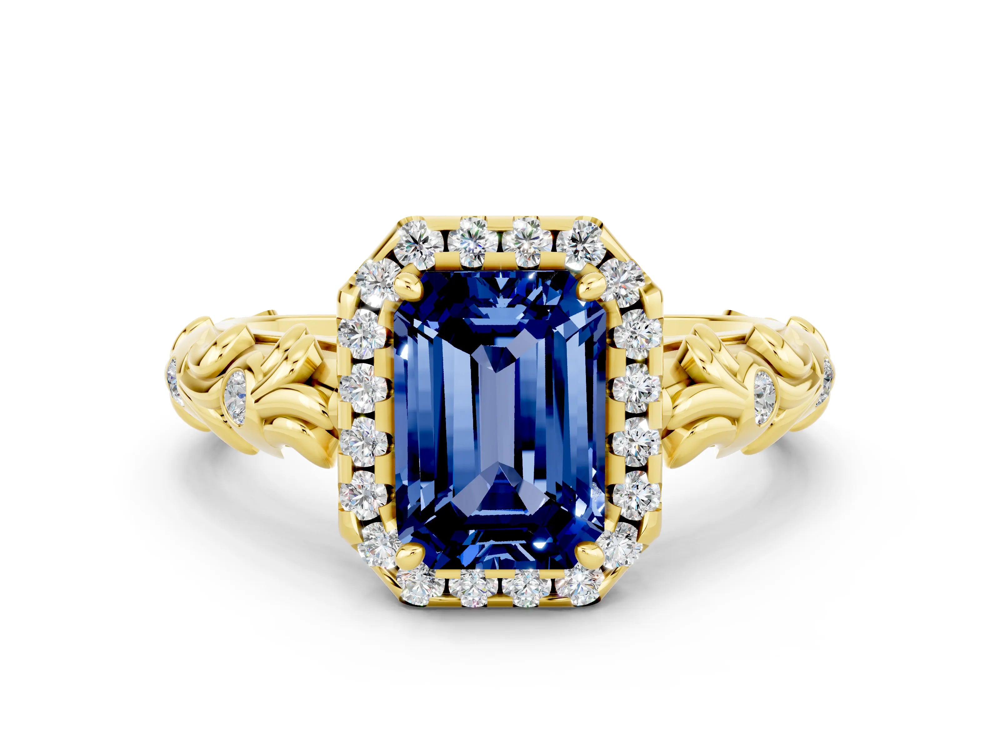Yellow gold Emerald Cut Halo Diamond Solitaire with Filigree Band and Four-Prong Setting