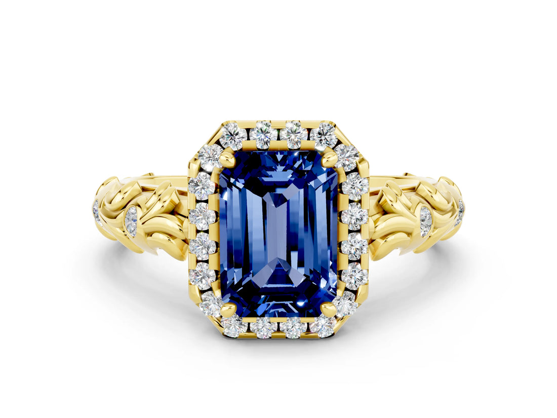 Yellow gold Emerald Cut Halo Diamond Solitaire with Filigree Band and Four-Prong Setting