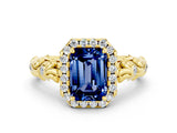 Yellow gold Emerald Cut Halo Diamond Solitaire with Filigree Band and Four-Prong Setting