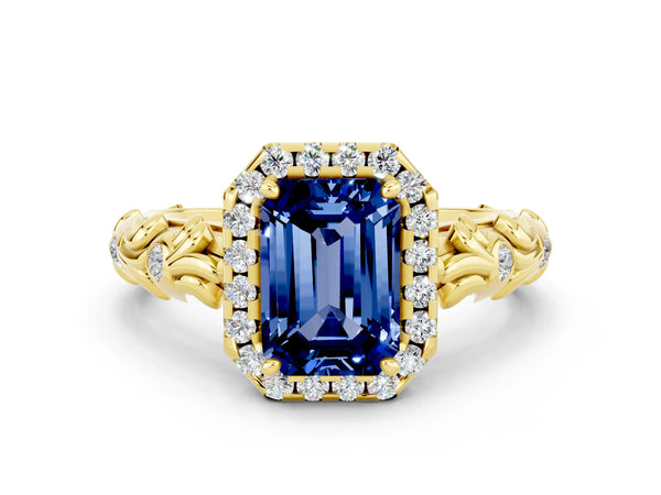 Yellow gold Emerald Cut Blue Sapphire Halo Ring with Filigree Band and Prong Setting