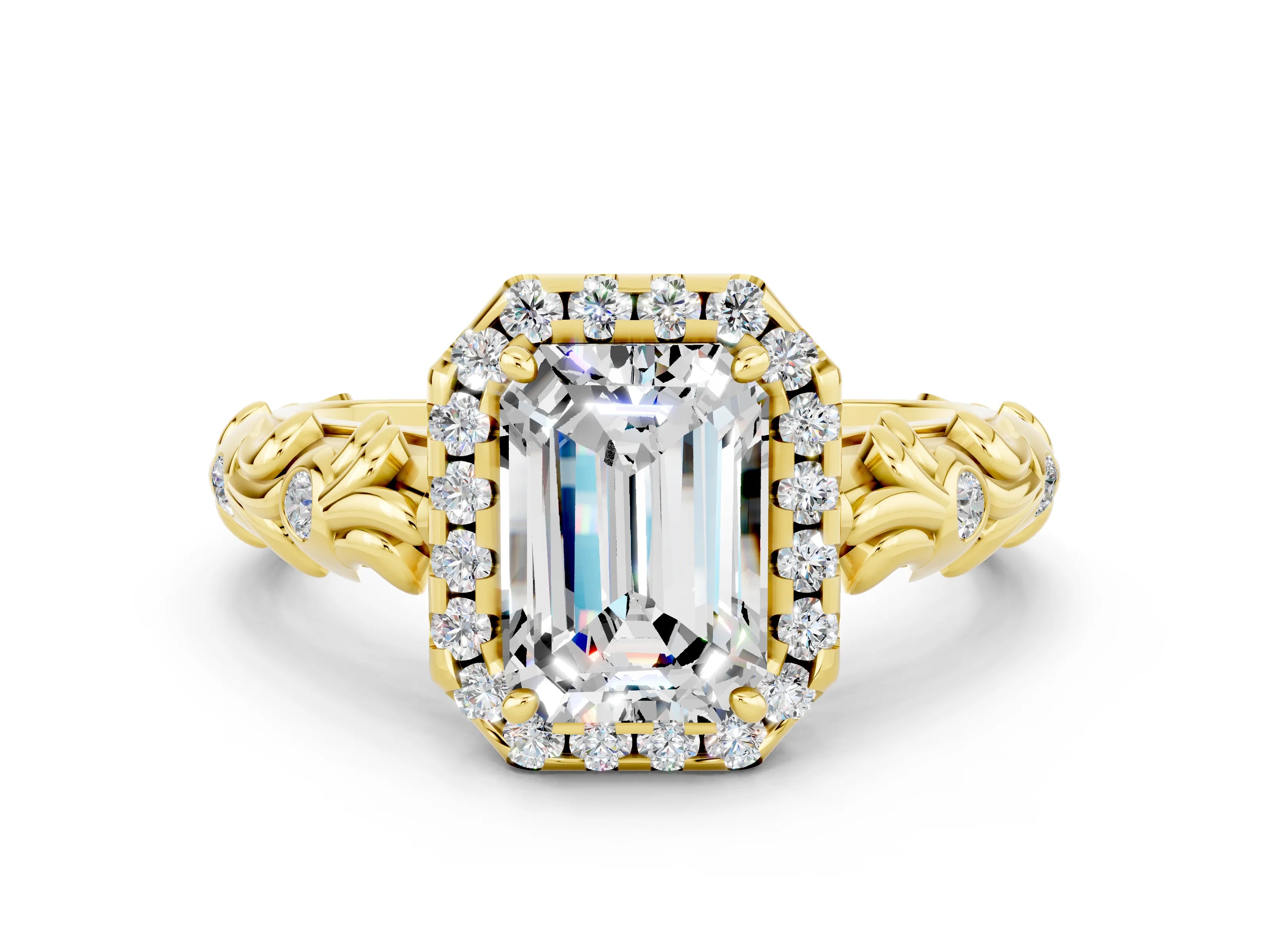 Yellow gold Emerald Cut Halo Diamond Solitaire with Filigree Band and Four-Prong Setting