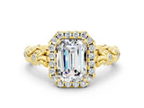 Yellow gold Emerald Cut Halo Diamond Solitaire with Filigree Band and Four-Prong Setting