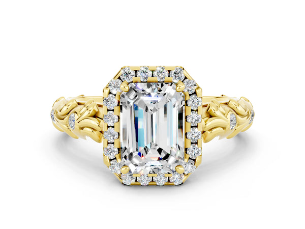 Yellow gold Emerald Cut Moissanite Halo Ring with Filigree Band and Prong Setting