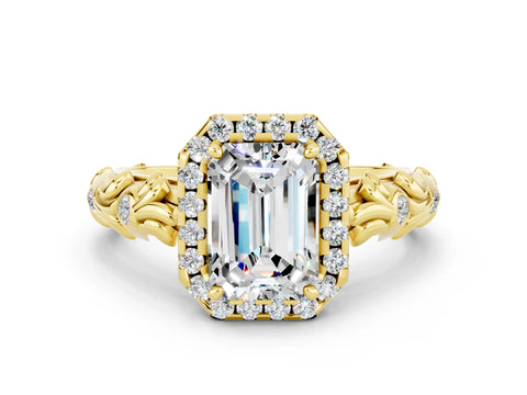 Yellow gold Emerald Cut Halo Diamond Solitaire with Filigree Band and Four-Prong Setting