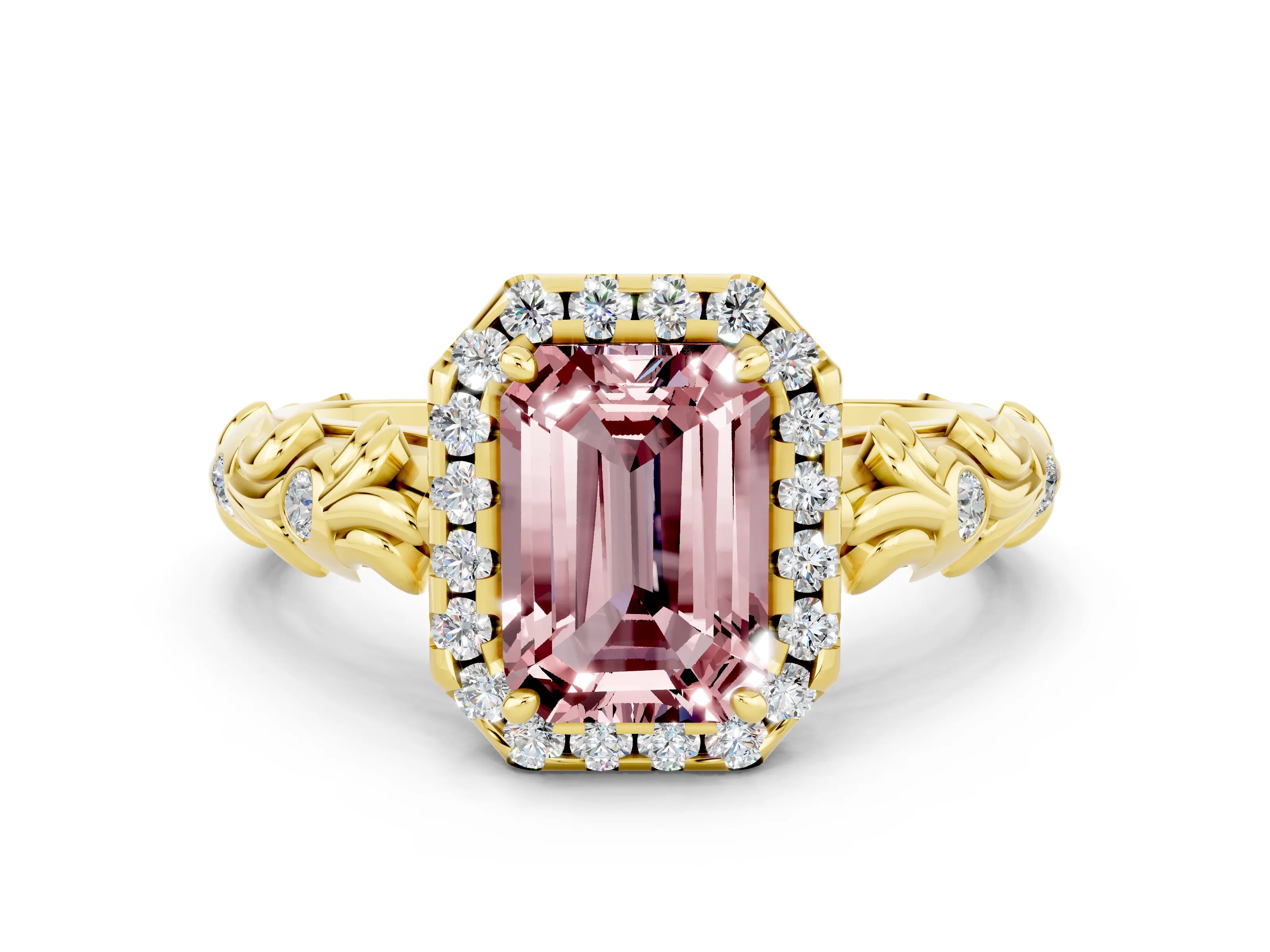 Yellow gold Emerald Cut Halo Diamond Solitaire with Filigree Band and Four-Prong Setting