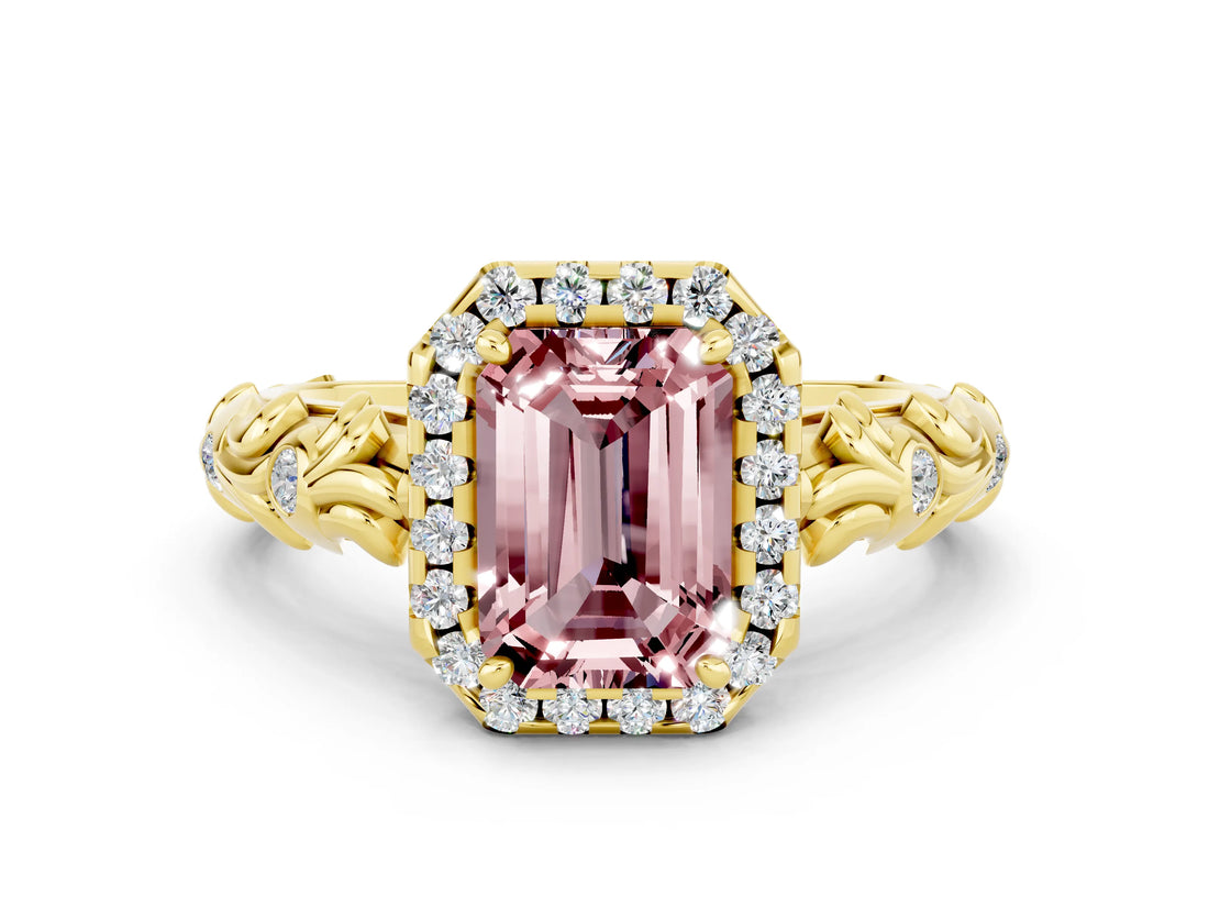 Yellow gold Emerald Cut Halo Diamond Solitaire with Filigree Band and Four-Prong Setting