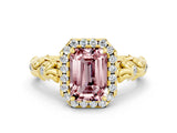 Yellow gold Emerald Cut Halo Diamond Solitaire with Filigree Band and Four-Prong Setting