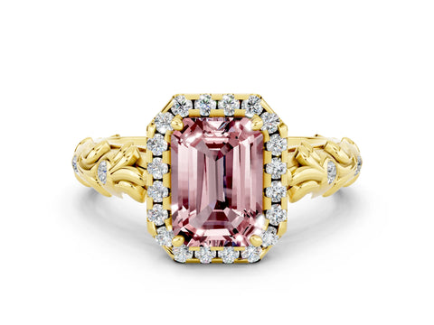 Yellow gold Emerald Cut Halo Diamond Solitaire with Filigree Band and Four-Prong Setting