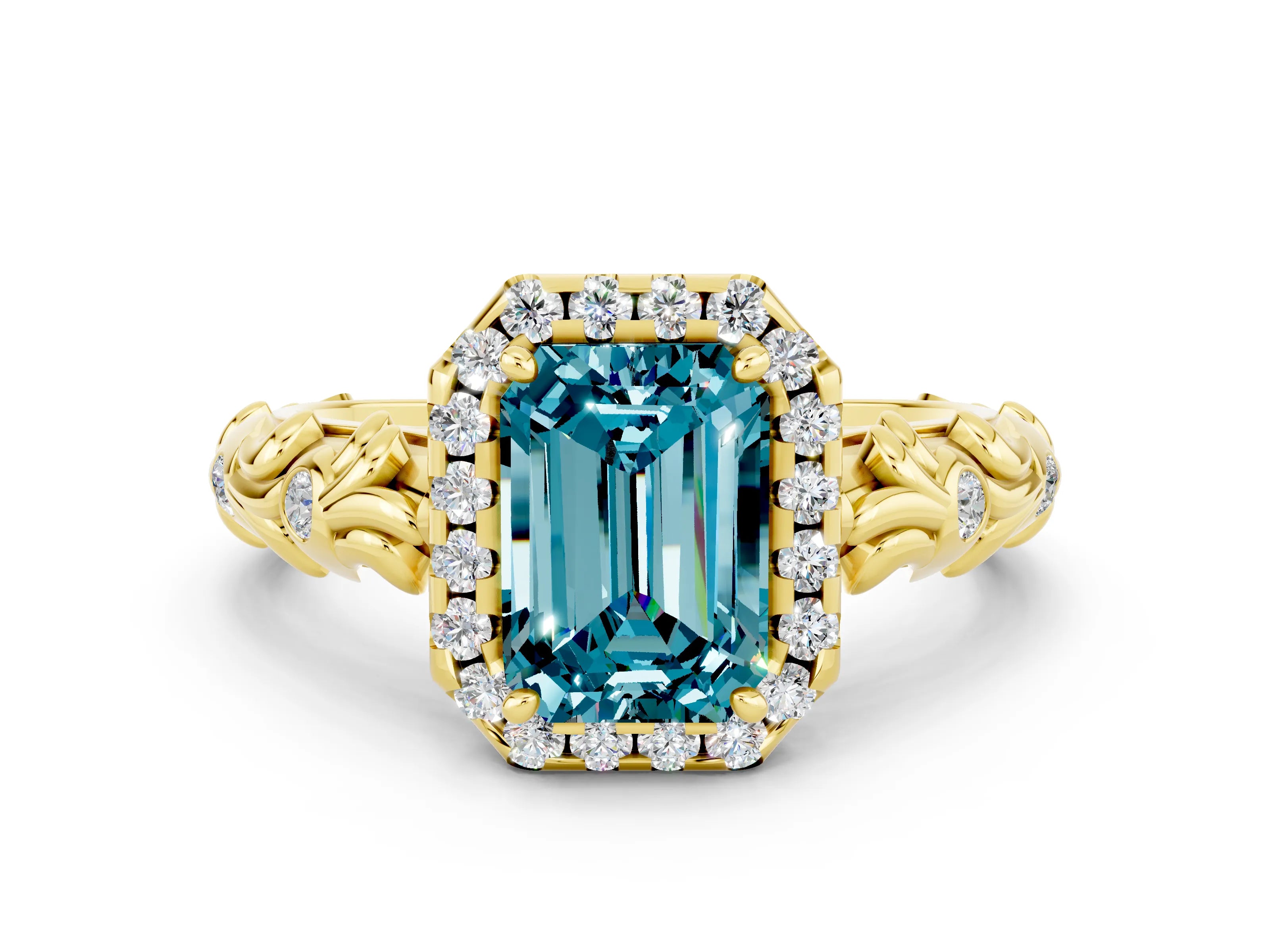 Yellow gold Emerald Cut Halo Diamond Solitaire with Filigree Band and Four-Prong Setting