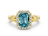 Yellow gold Emerald Cut Halo Diamond Solitaire with Filigree Band and Four-Prong Setting