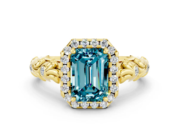 Yellow gold Emerald Cut Halo Diamond Solitaire with Filigree Band and Four-Prong Setting