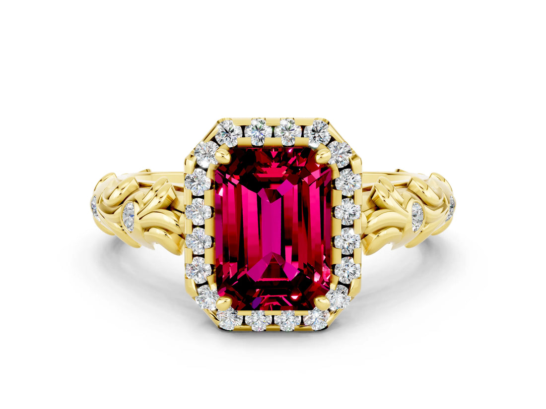 Yellow gold Emerald Cut Halo Diamond Solitaire with Filigree Band and Four-Prong Setting