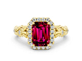 Yellow gold Emerald Cut Halo Diamond Solitaire with Filigree Band and Four-Prong Setting