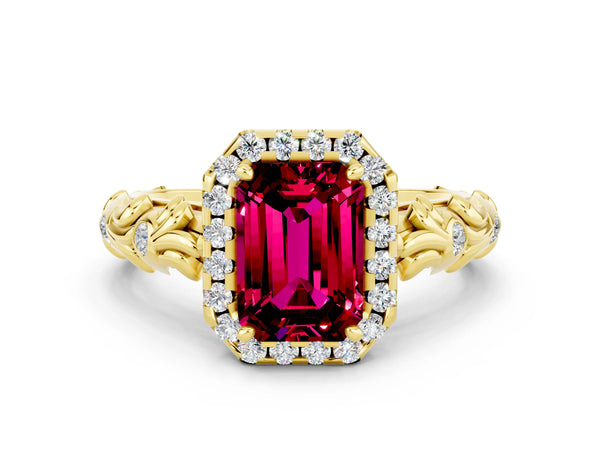 Yellow gold Emerald Cut Garnet Halo Ring with Filigree Band and Prong Setting