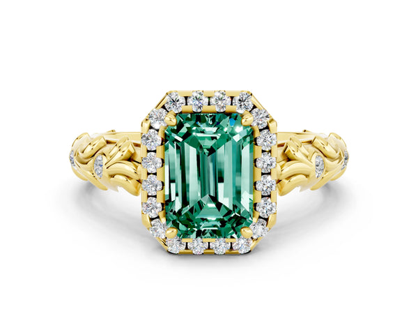 Yellow gold Emerald Cut Green Sapphire Halo Ring with Filigree Band and Prong Setting