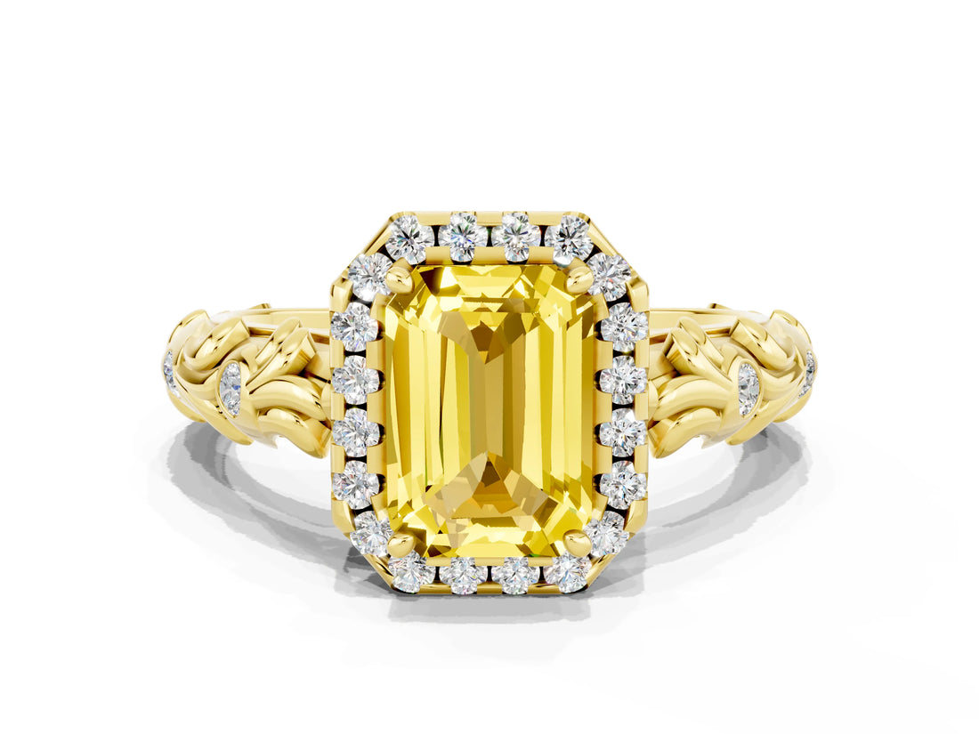 Yellow gold Emerald Cut Halo Diamond Solitaire with Filigree Band and Four-Prong Setting