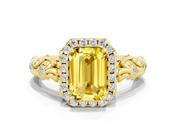 Yellow gold Emerald Cut Yellow Sapphire Halo Ring with Filigree Band and Prong Setting