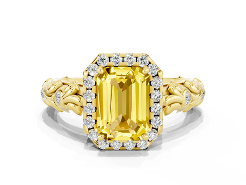 Yellow gold Emerald Cut Halo Diamond Solitaire with Filigree Band and Four-Prong Setting