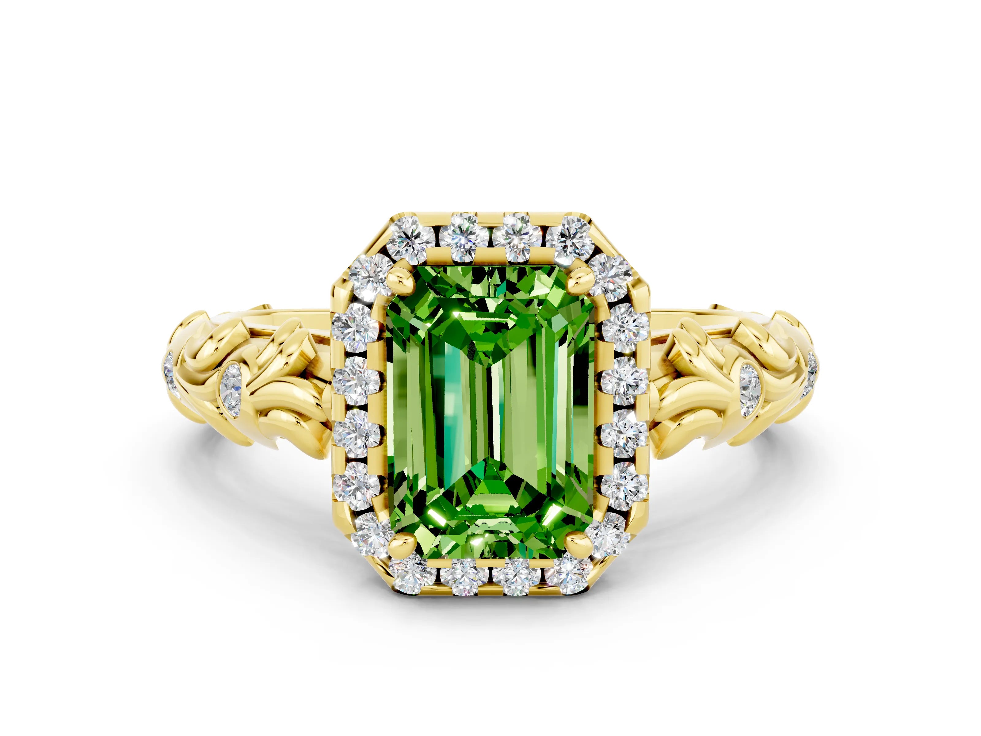 Yellow gold Emerald Cut Halo Diamond Solitaire with Filigree Band and Four-Prong Setting