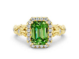 Yellow gold Emerald Cut Halo Diamond Solitaire with Filigree Band and Four-Prong Setting