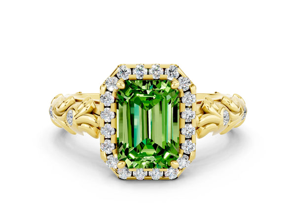 Yellow gold Emerald Cut Peridot Halo Ring with Filigree Band and Prong Setting