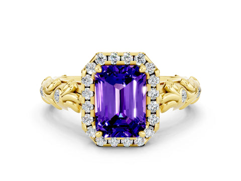 Yellow gold Emerald Cut Halo Diamond Solitaire with Filigree Band and Four-Prong Setting