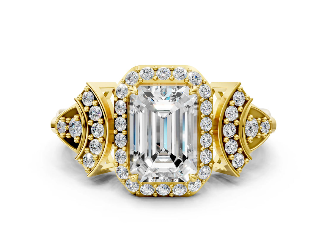 Yellow gold Emerald Cut Halo Diamond Split Shank Engagement Ring with Four-Prong Setting_19