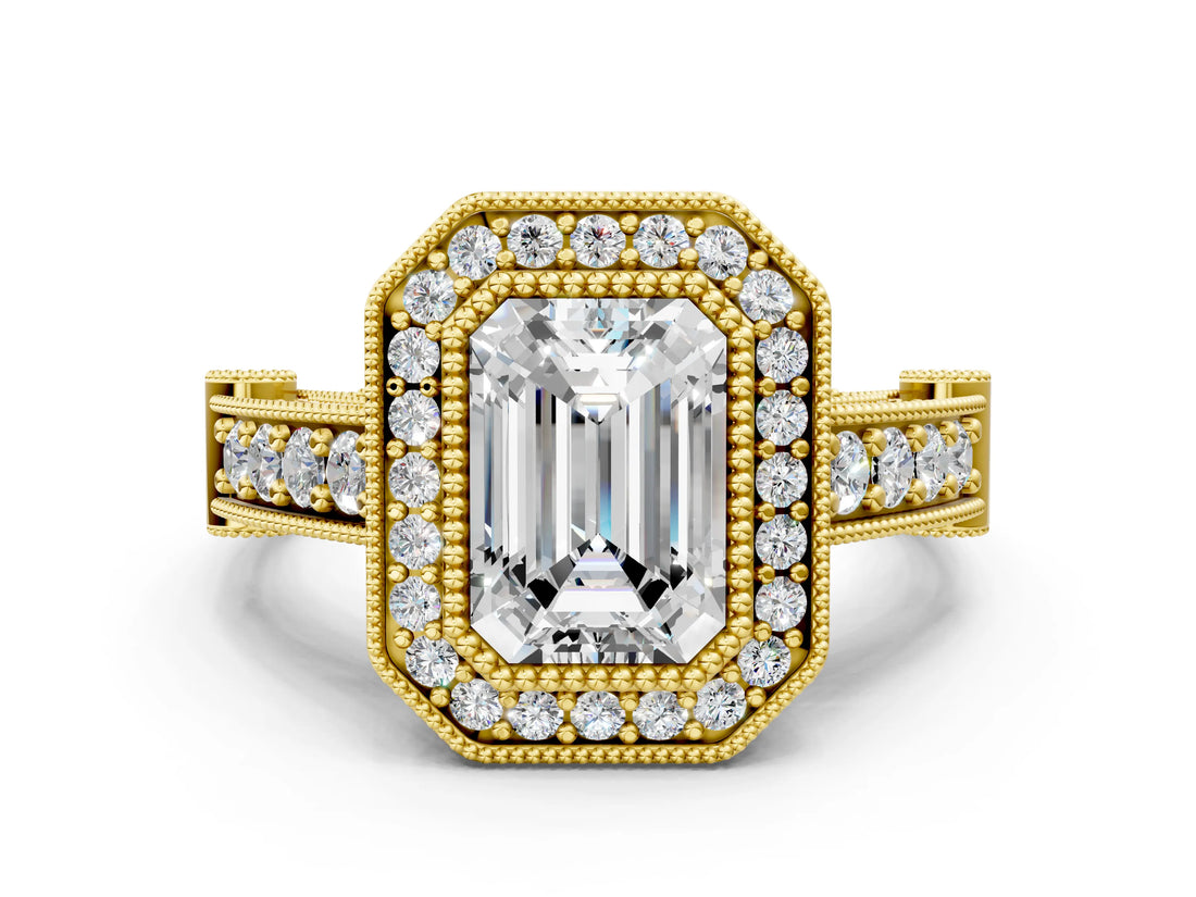 Yellow gold Emerald Cut Halo Diamond Split Shank Pave Ring_13