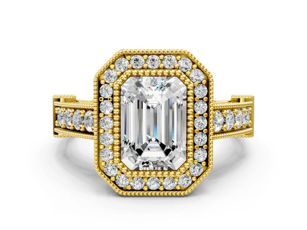 Yellow Gold Emerald Cut Vintage Bezel Halo Engagement Ring Setting