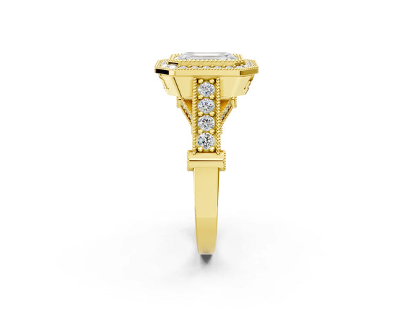 Yellow Gold Emerald Cut Vintage Bezel Halo Engagement Ring Setting