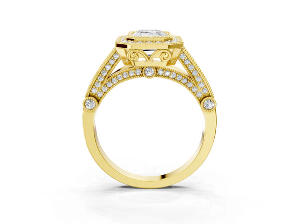 Yellow Gold Emerald Cut Vintage Bezel Halo Engagement Ring Setting