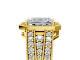 Yellow gold Emerald Cut Halo Diamond Split Shank Ring with Prong Setting_20