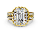 Yellow gold Emerald Cut Halo Diamond Split Shank Ring with Scalloped Prong Setting_3