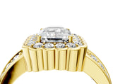 Yellow gold Emerald Cut Halo Diamond Split Shank Ring with Scalloped Prong Setting_7