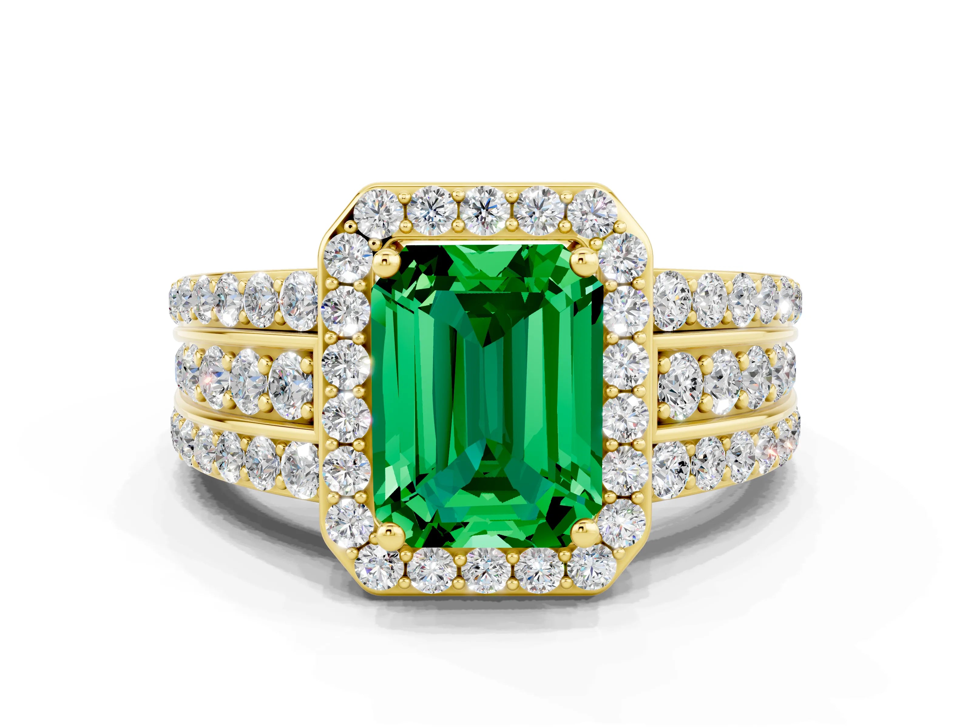 Yellow gold Emerald Cut Halo Emerald Ring with Split Shank and Four-Prong Setting