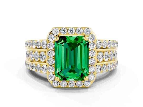Yellow gold Emerald Cut Halo Emerald Ring with Round  Split Shank and Prong Setting