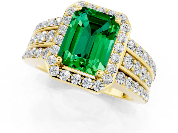 Yellow gold Emerald Cut Halo Emerald Ring with Round  Split Shank and Prong Setting