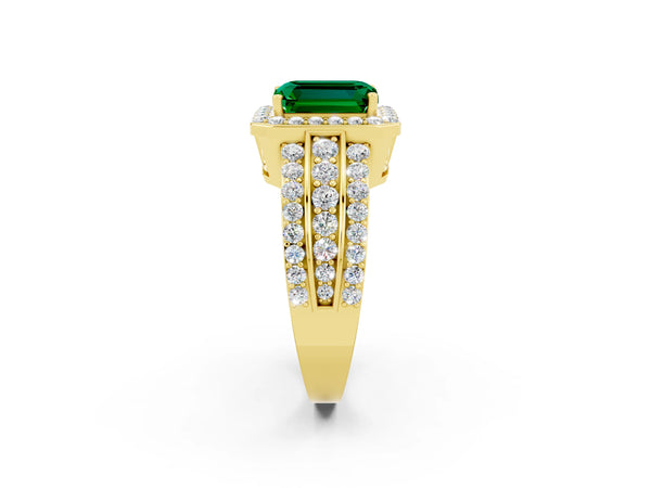 Yellow gold Emerald Cut Halo Emerald Ring with Round  Split Shank and Prong Setting