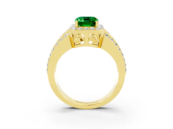 Yellow gold Emerald Cut Halo Emerald Ring with Round  Split Shank and Prong Setting