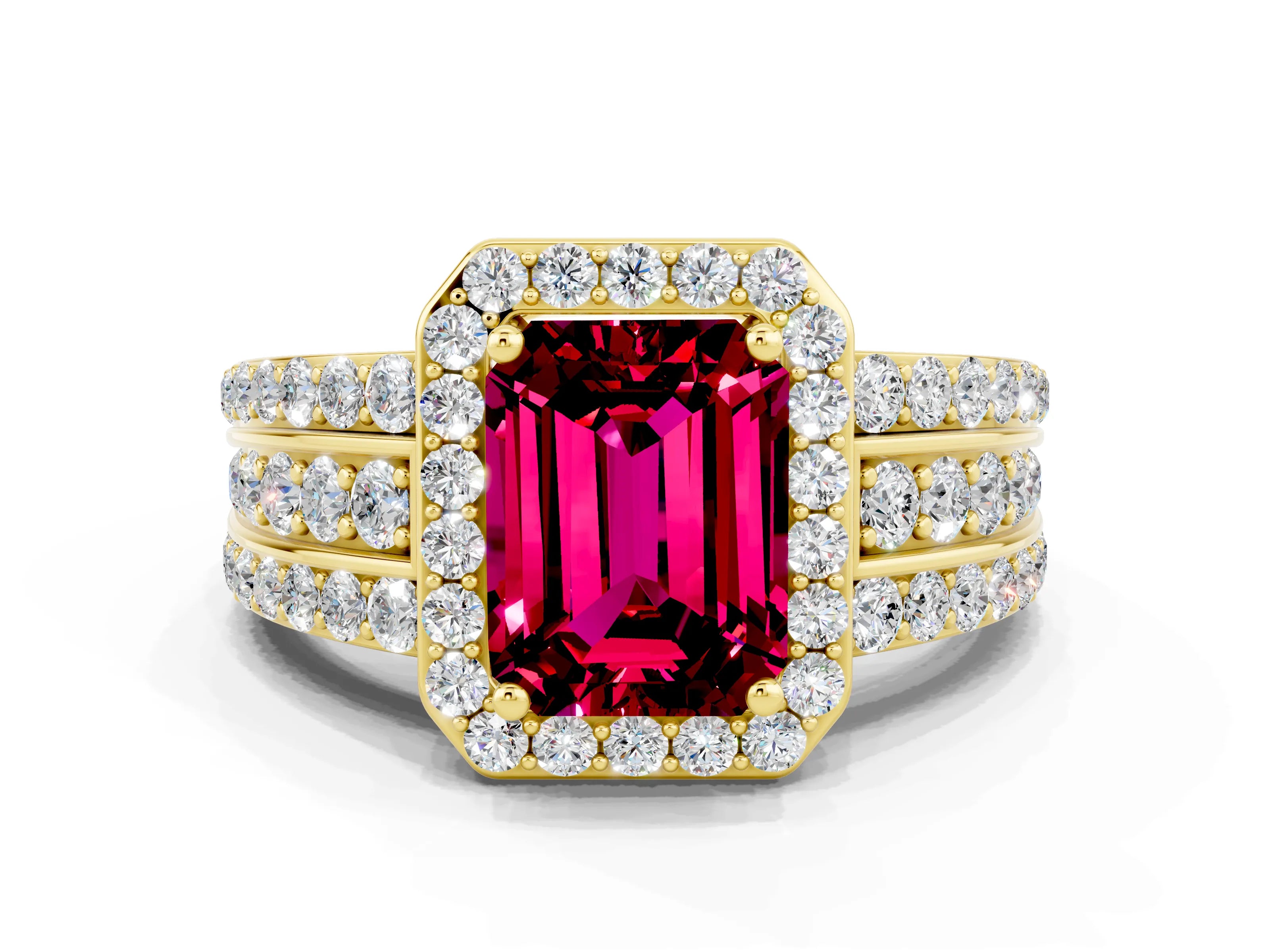 Yellow gold Emerald Cut Halo Garnet Ring with Split Shank and Four-Prong Setting